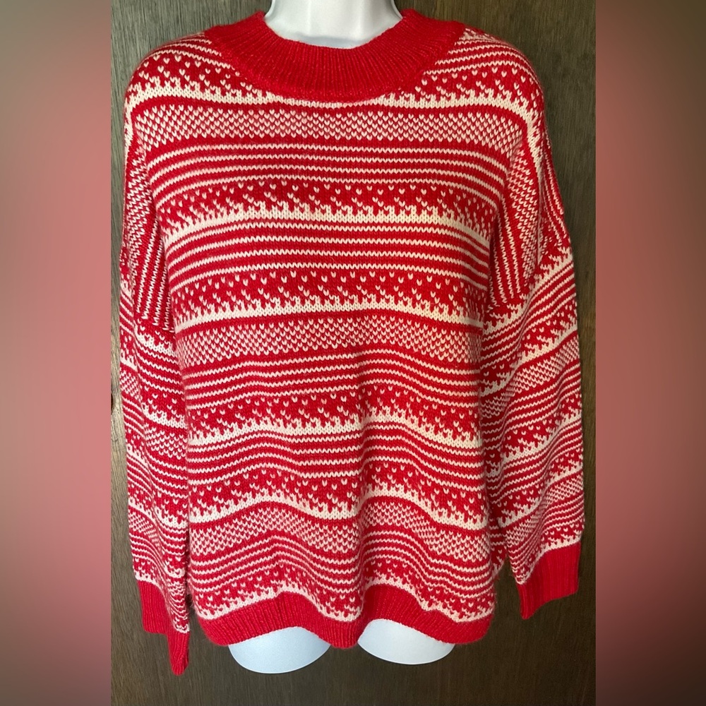 GAP Texture mock neck fair isle style pattern drop shoulder sweater 2X red/white